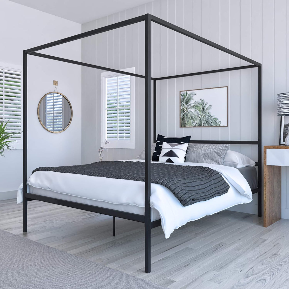 Queen Size Gold Metal Canopy Platform Bed Frame with Wooden Slats Q742