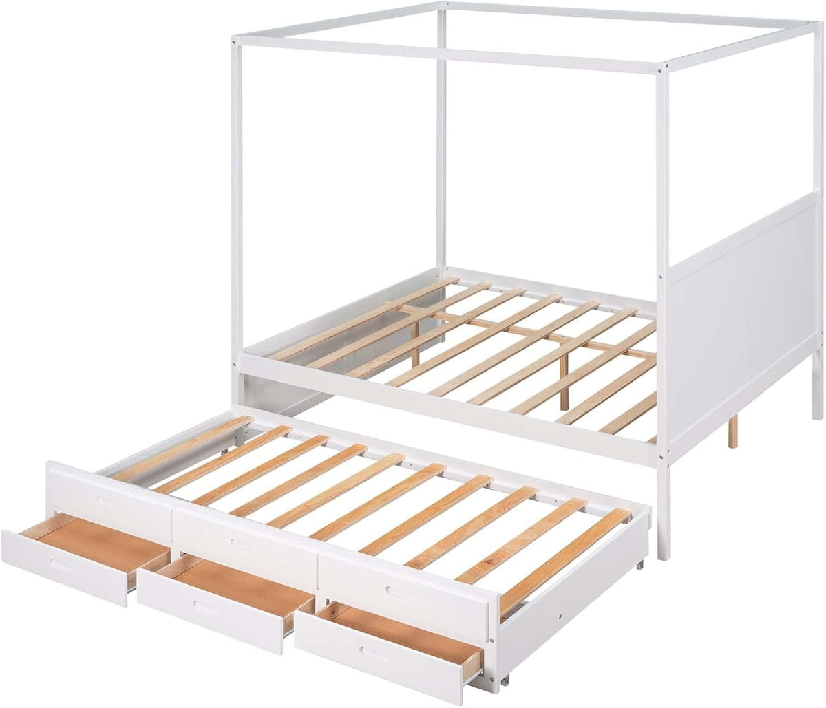 White Queen Size Wood Canopy Platform Bed with Twin Size Trundle Bed and 3 Storage Drawers C748