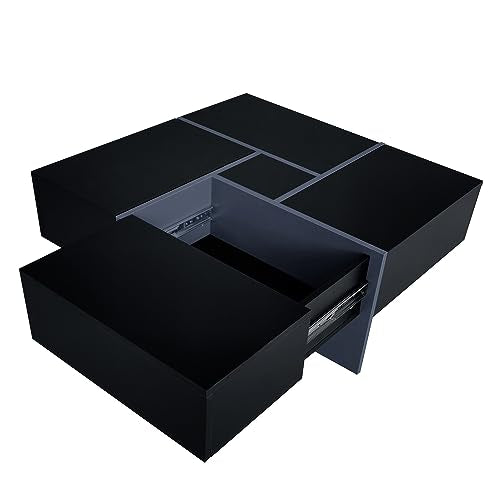 Black Square Coffee Table with 4 Hidden Storage Compartments and Extendable Sliding Tabletop B674400