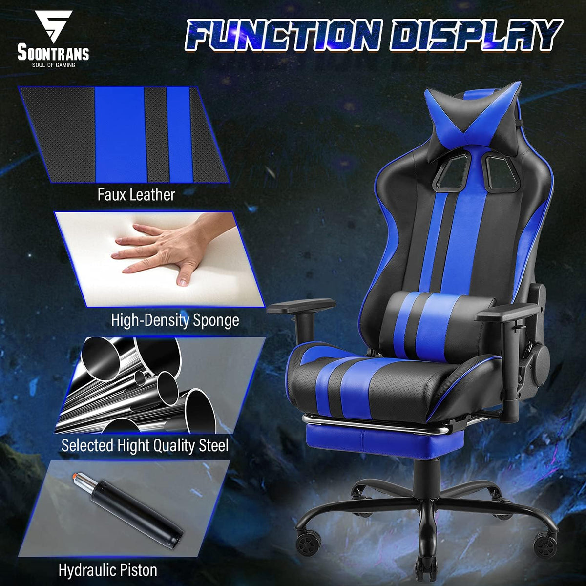 Gaming Chair with Footrest Ergonomic Desk Chair Royal Blue P80700