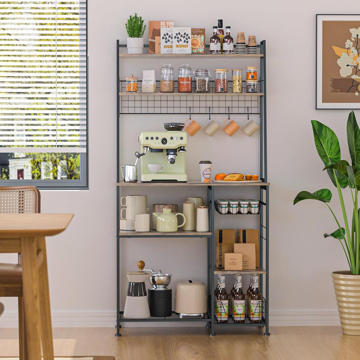 35.8" Large Farmhouse Coffee Station with 12 Hooks and Pull-Out Wire Basket, Coffee Bar Cart Table with Storage Shelves Rustic Brown L64643