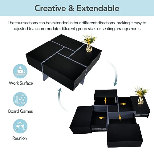 Black Square Coffee Table with 4 Hidden Storage Compartments and Extendable Sliding Tabletop B674400