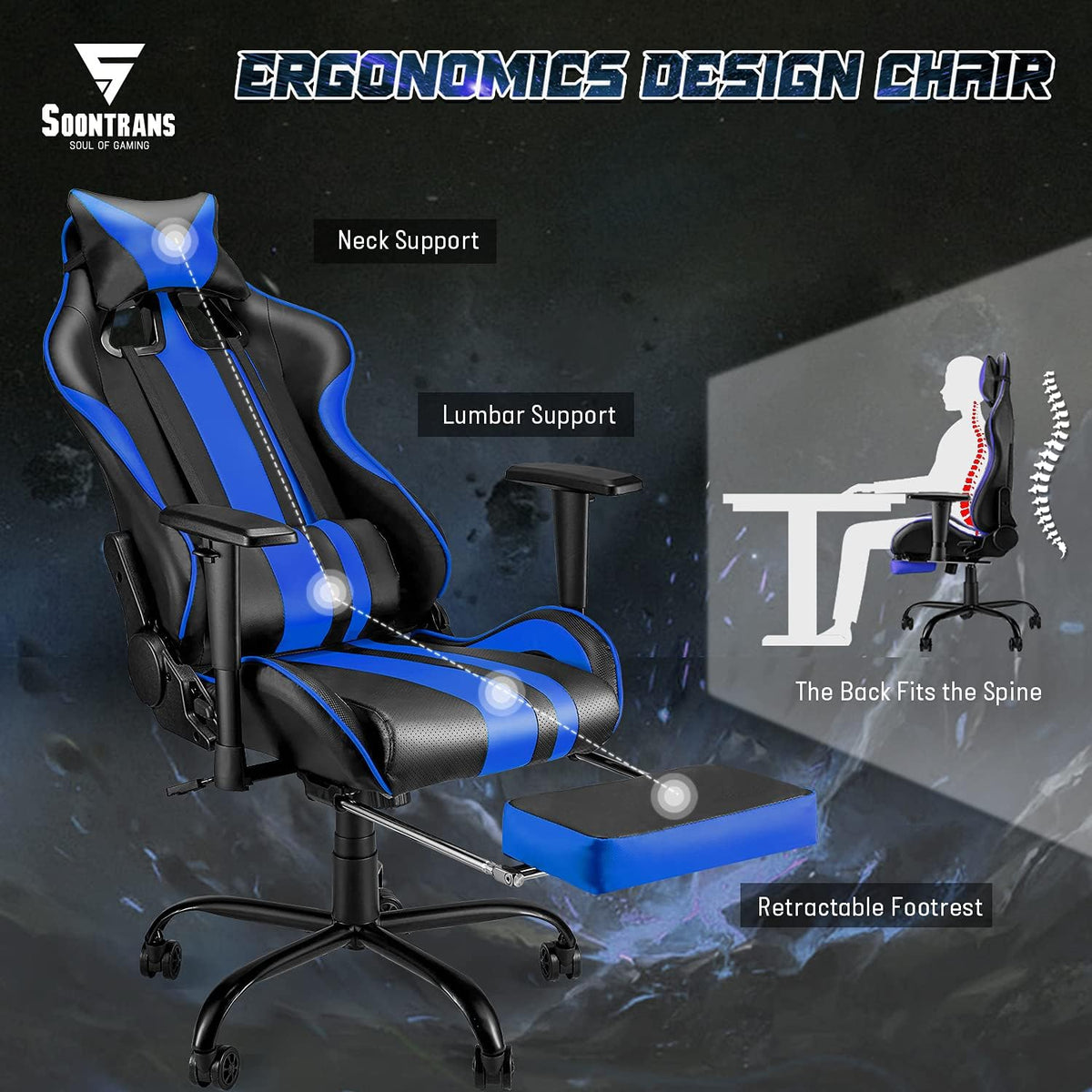 Gaming Chair with Footrest Ergonomic Desk Chair Royal Blue P80700