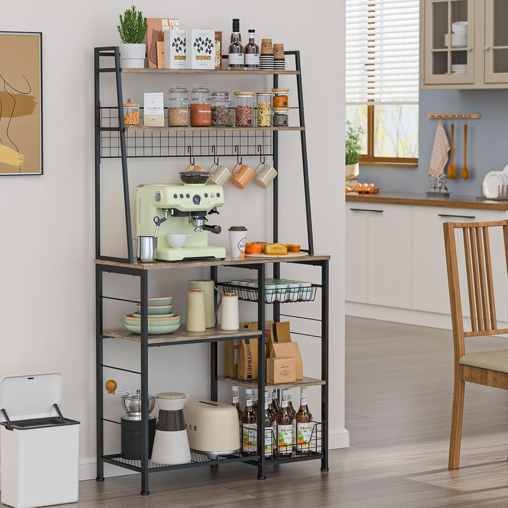 35.8" Large Farmhouse Coffee Station with 12 Hooks and Pull-Out Wire Basket, Coffee Bar Cart Table with Storage Shelves Rustic Brown L64643