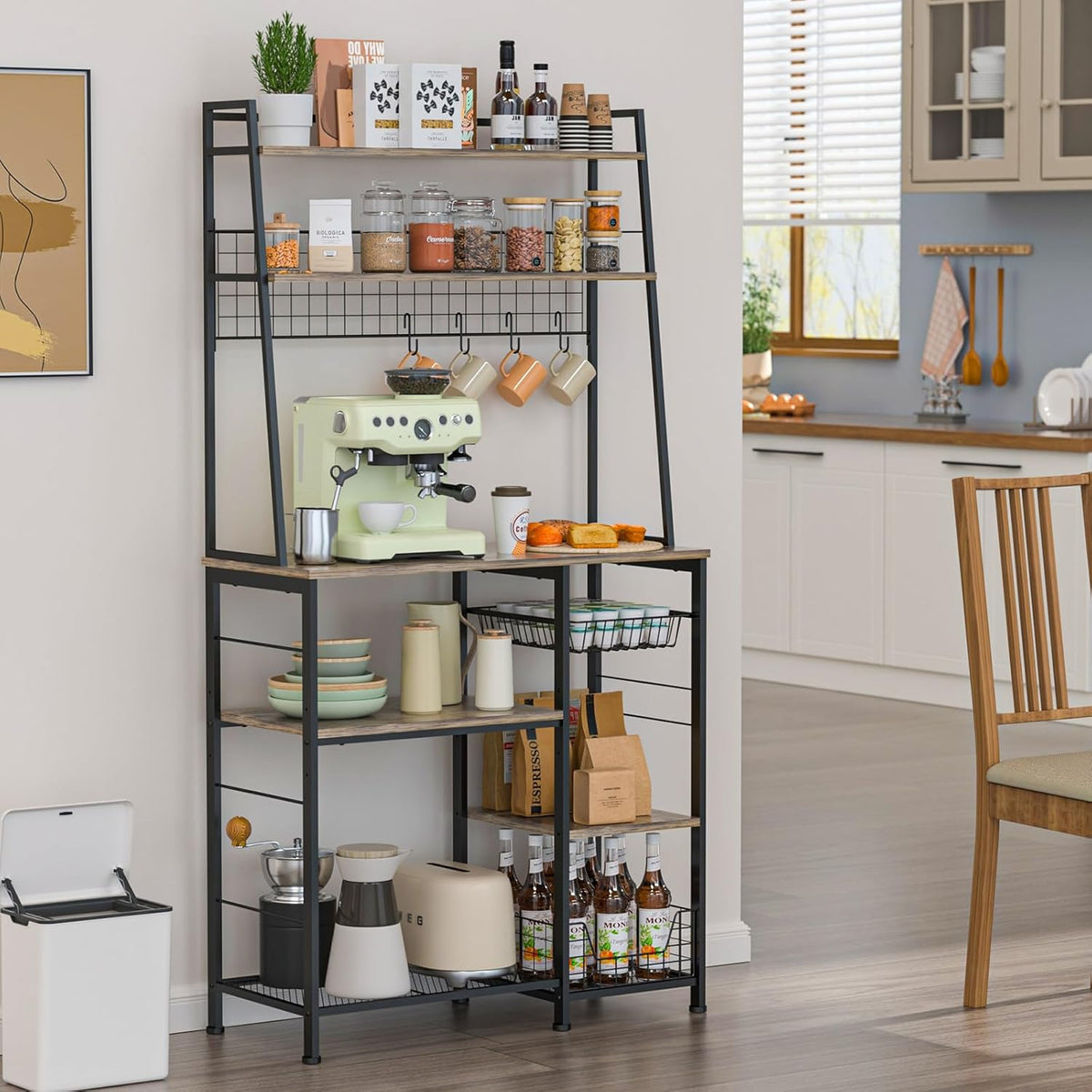 35.8" Large Farmhouse Coffee Station with 12 Hooks and Pull-Out Wire Basket, Coffee Bar Cart Table with Storage Shelves Rustic Brown L64643