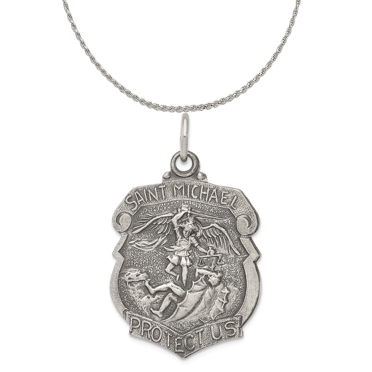 Antiqued St. Michael Badge Medal Pendant with Sterling Silver Rope Chain Necklace 18'' F106