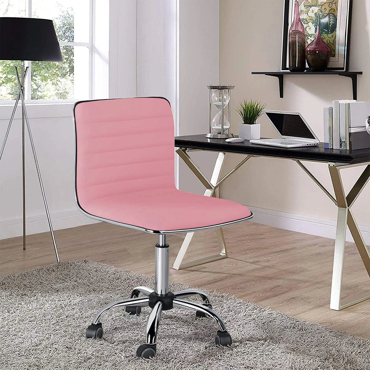 Pink PU Leather Armless Office Chair with Wheels A724