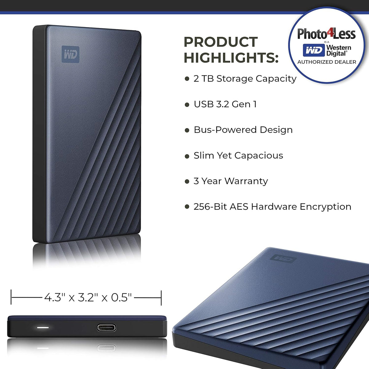 2TB My Passport Ultra USB 3.0 Type-C Slim Portable External Hard Drive B798079