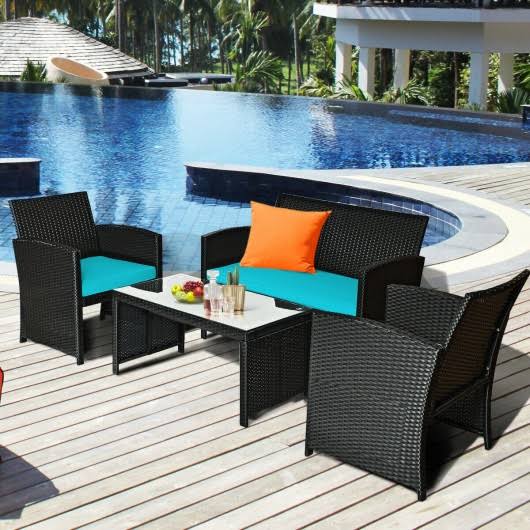 Turquoise Wicker Patio Sofa and Table Set F3727