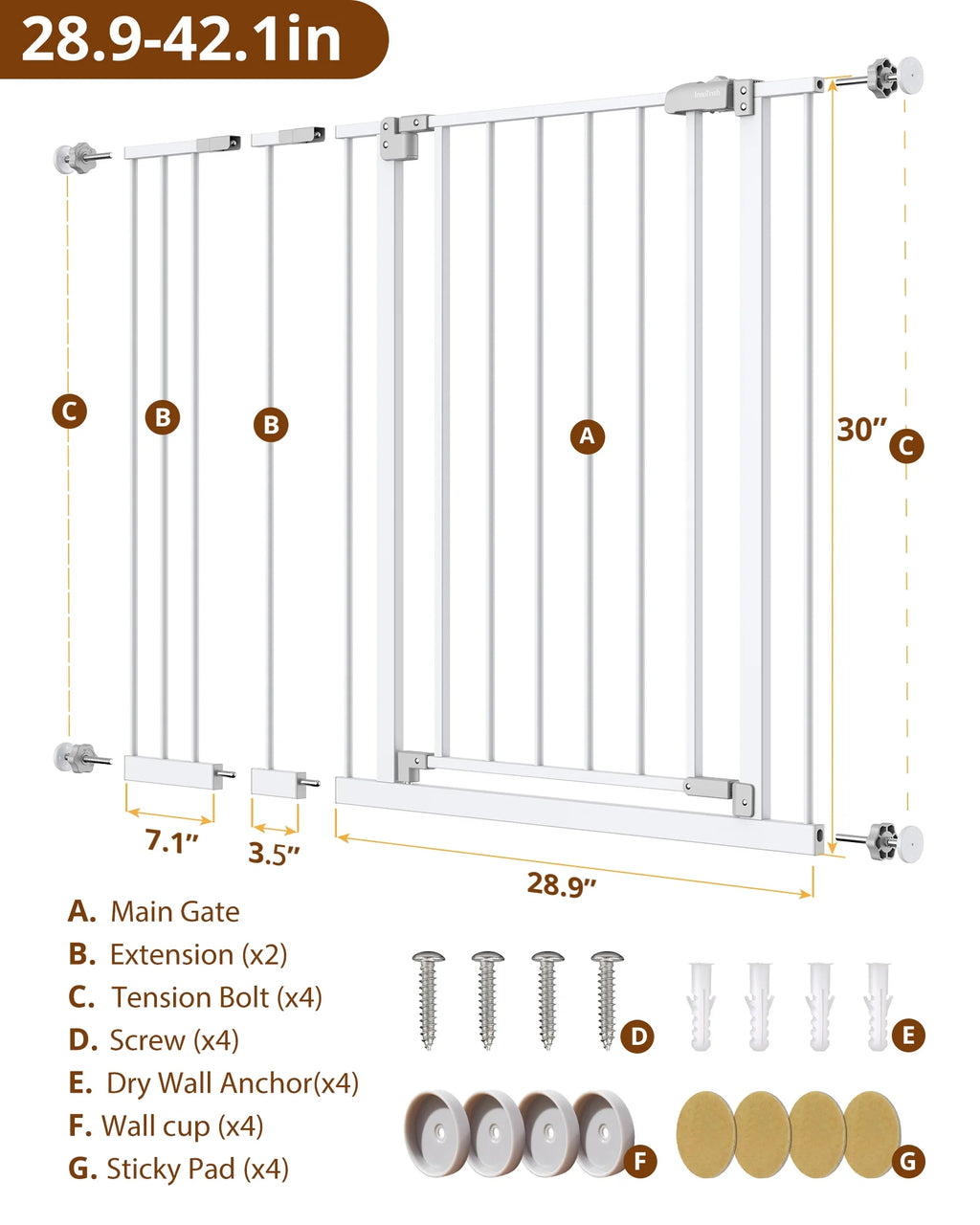 White 30" Tall Pressure Mounted Baby Safety Gate P2473