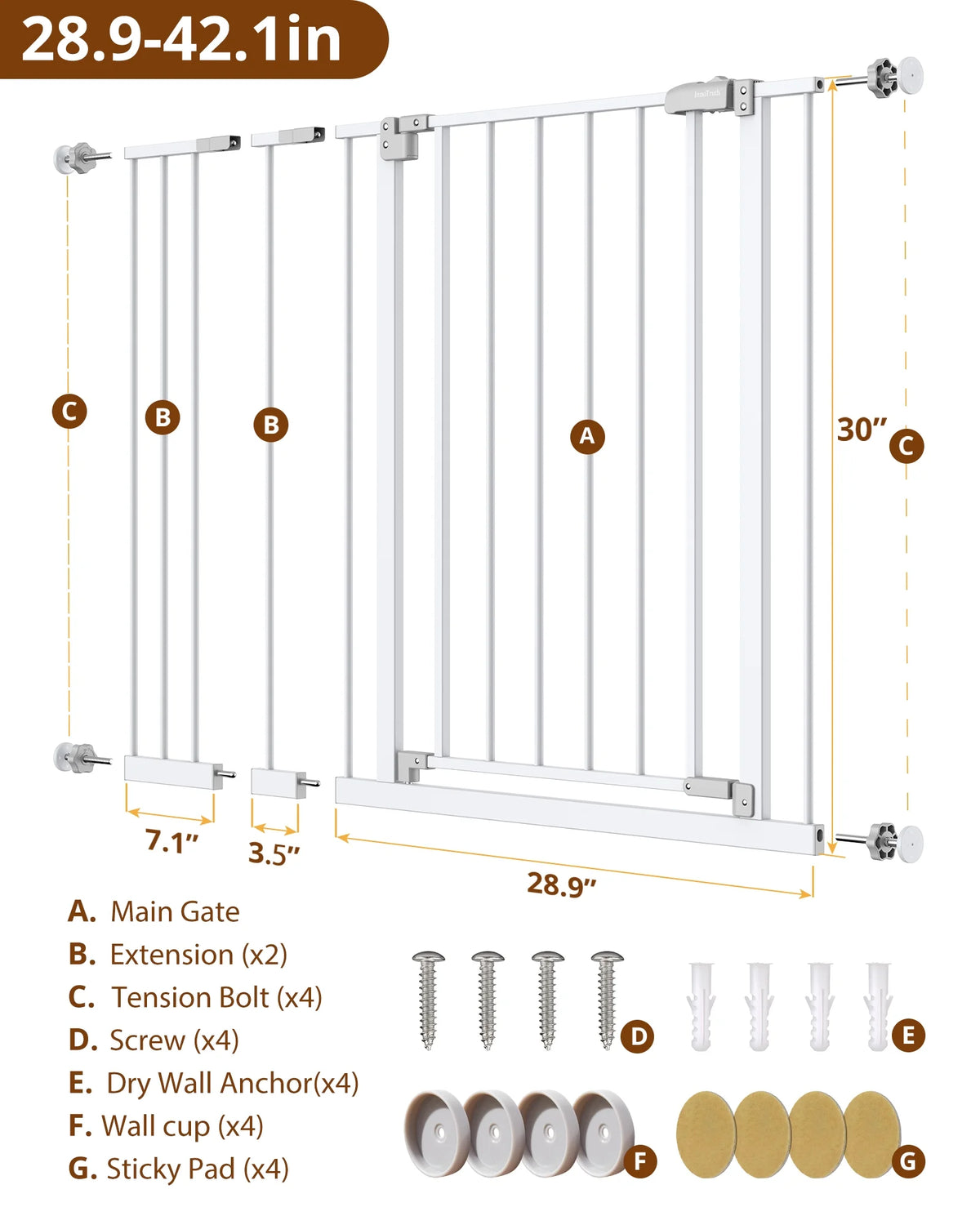 White 30" Tall Pressure Mounted Baby Safety Gate P2473