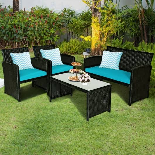 Turquoise Wicker Patio Sofa and Table Set F3727