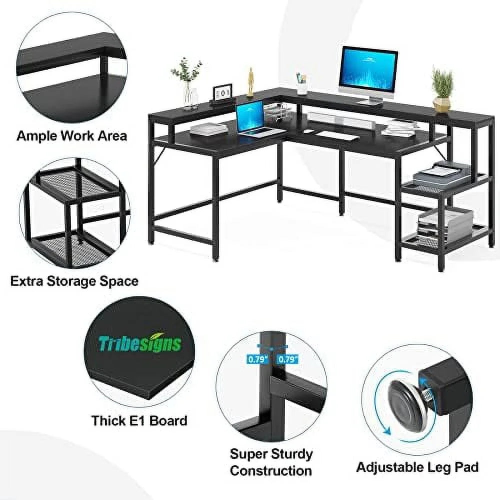 69 Inch L Shaped Desk with Monitor Stand Black U560149