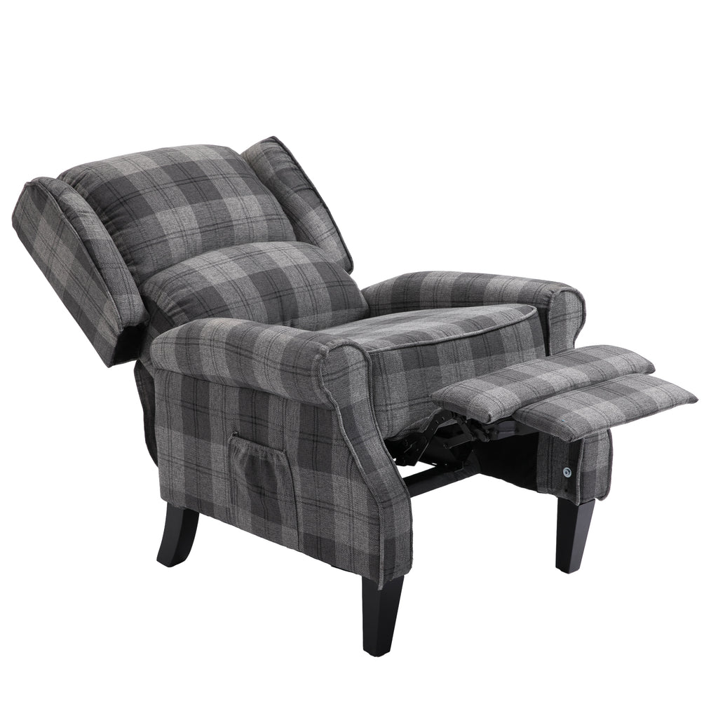 Gray Check Upholstered Recliner Chair with Adjustable Footrest and Side Pocket M910