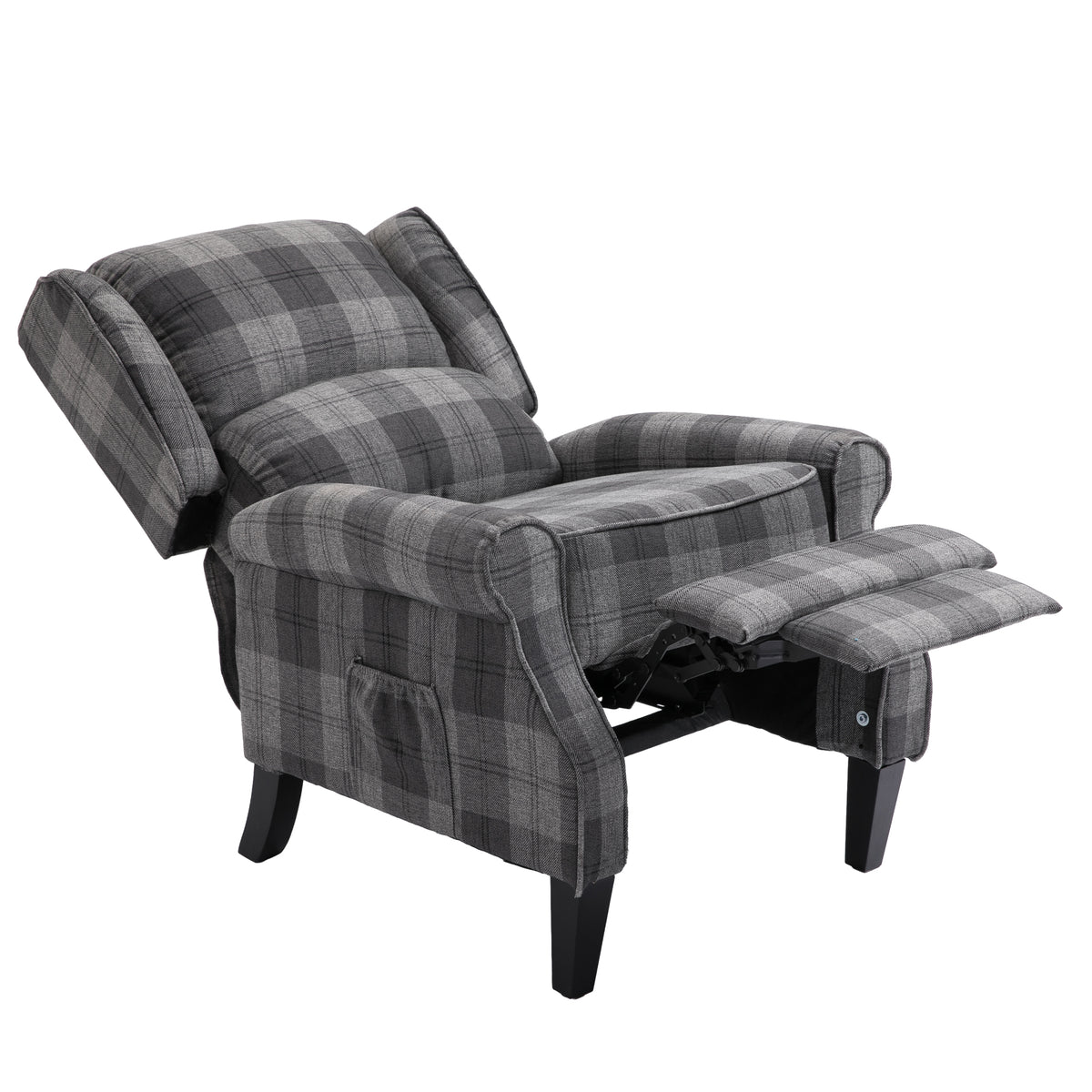 Gray Check Upholstered Recliner Chair with Adjustable Footrest and Side Pocket M910