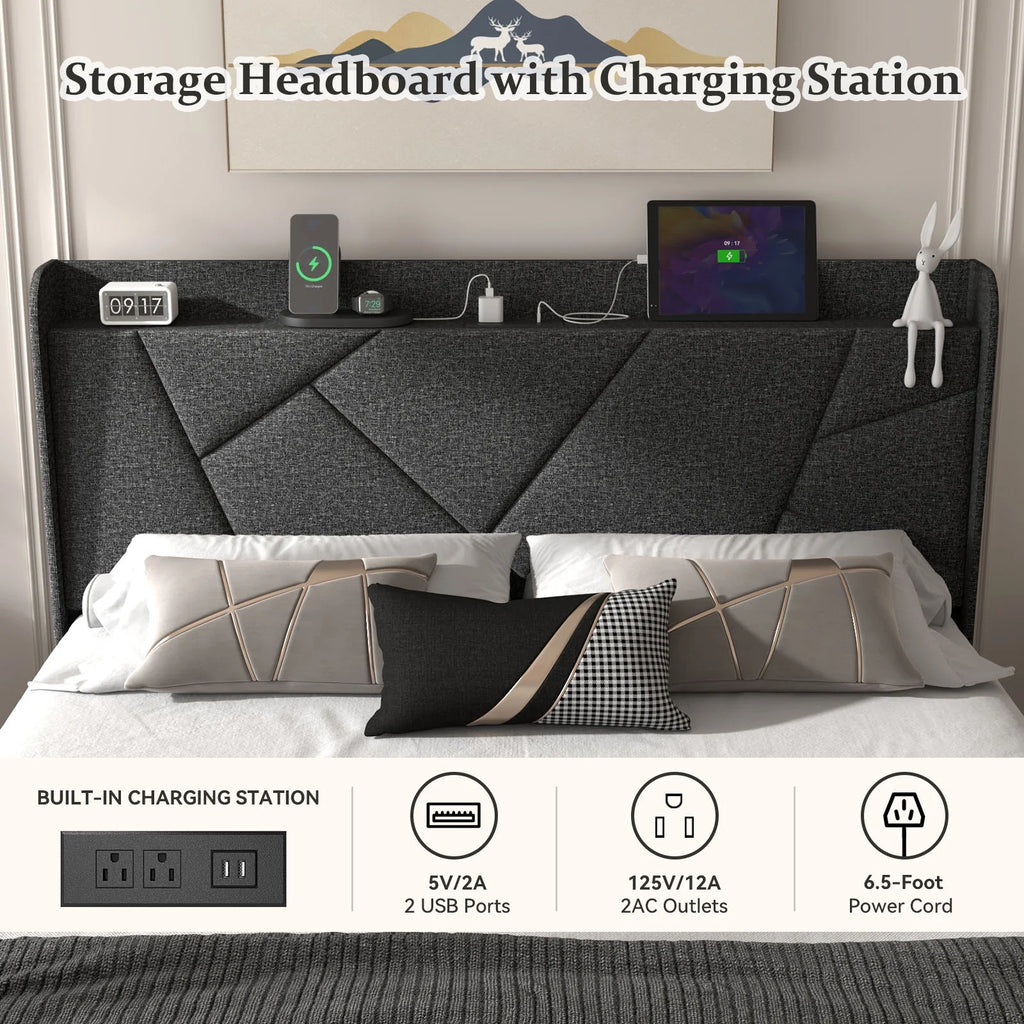 Queen Upholstered Platform Bed Frame with Wingback Storage Headboard M95821