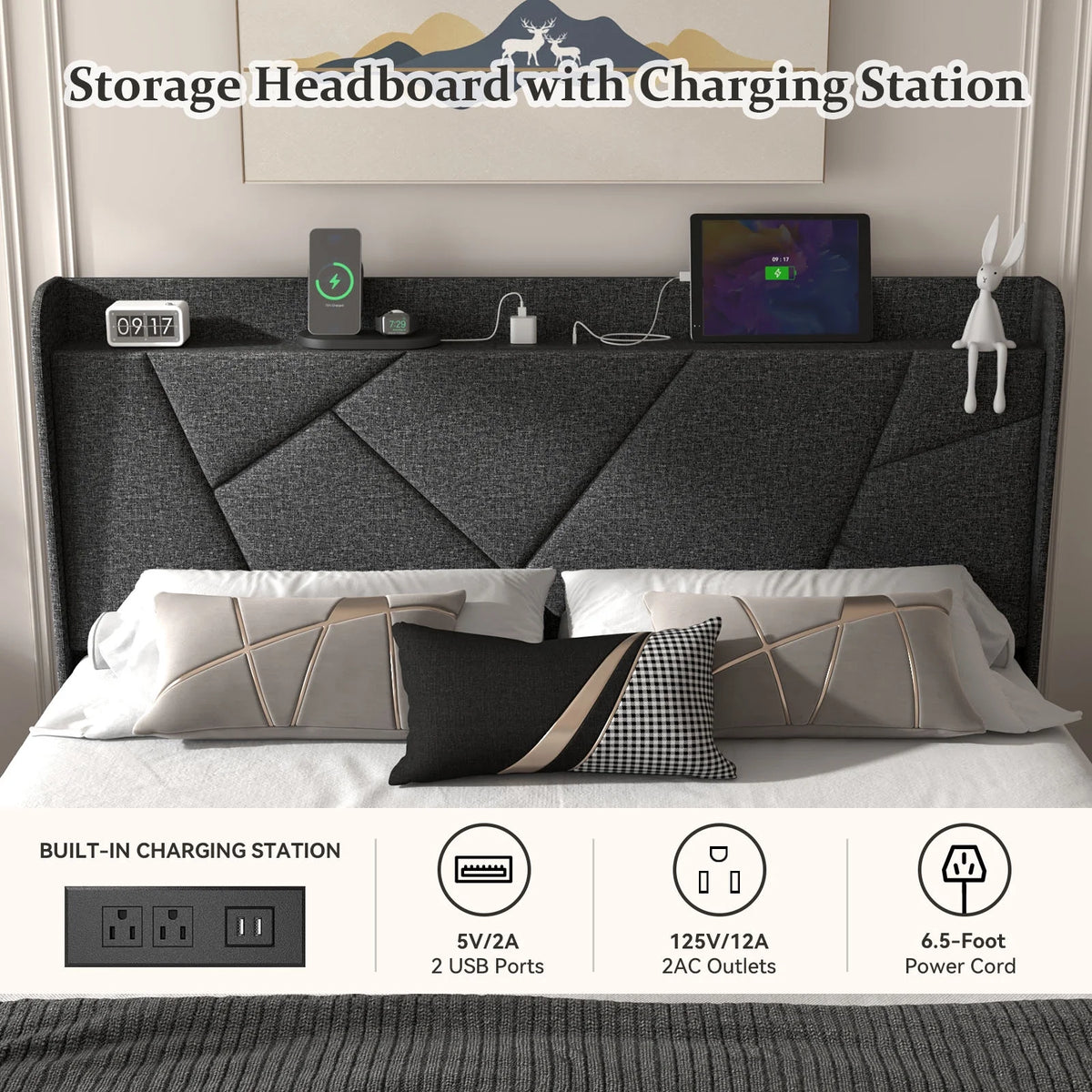 Queen Upholstered Platform Bed Frame with Wingback Storage Headboard M95821