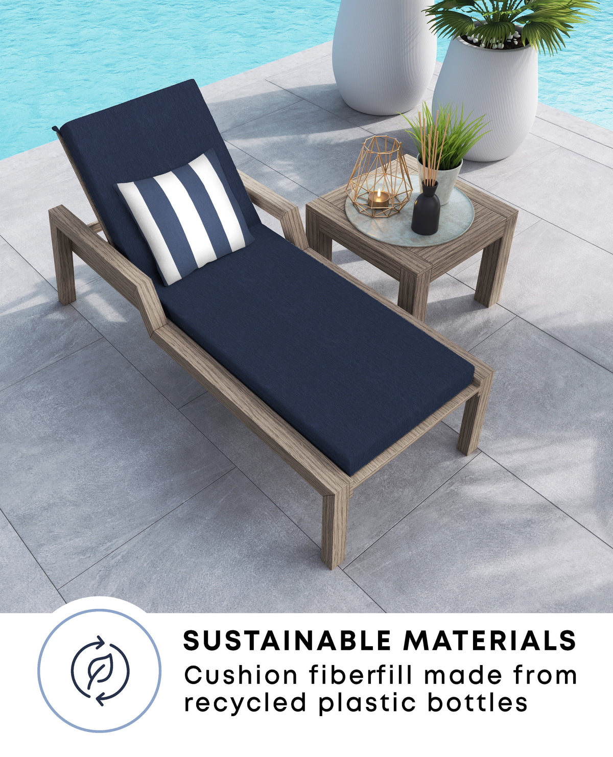 Solid Blue Polyester Outdoor Chaise Lounge Cushion I412583
