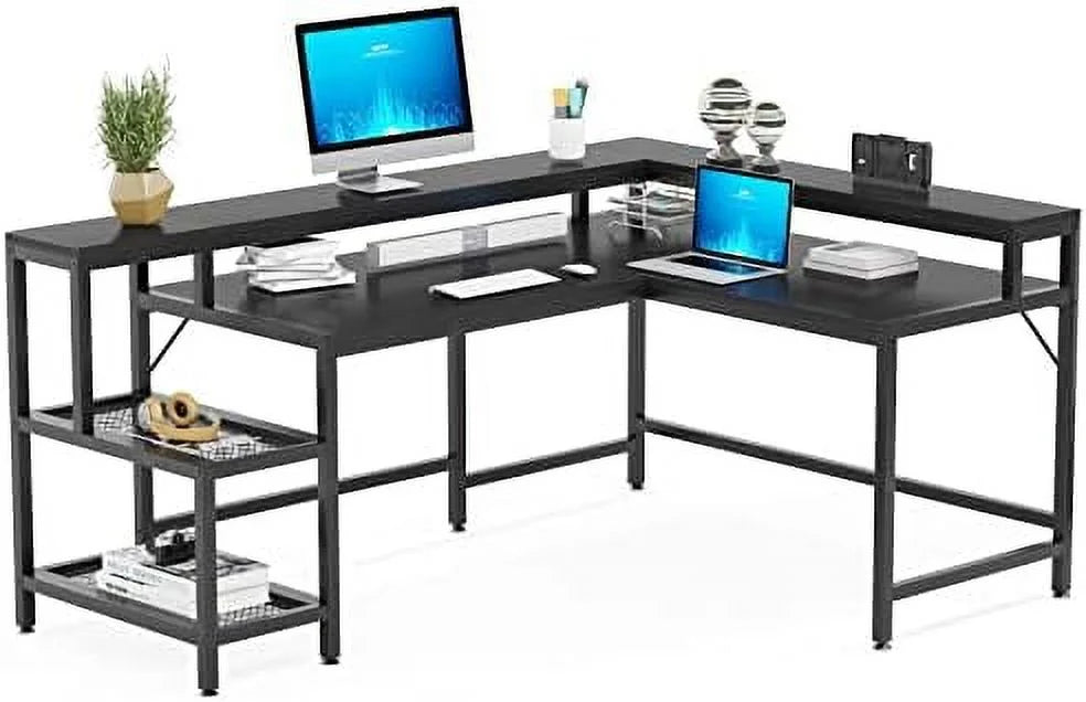 69 Inch L Shaped Desk with Monitor Stand Black U560149