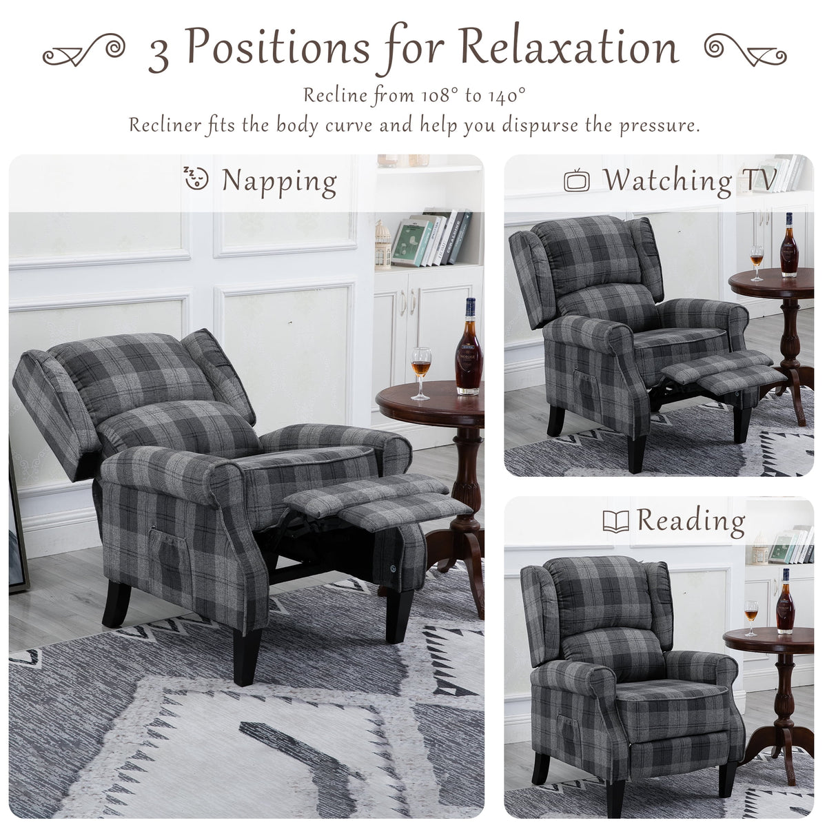 Gray Check Upholstered Recliner Chair with Adjustable Footrest and Side Pocket M910