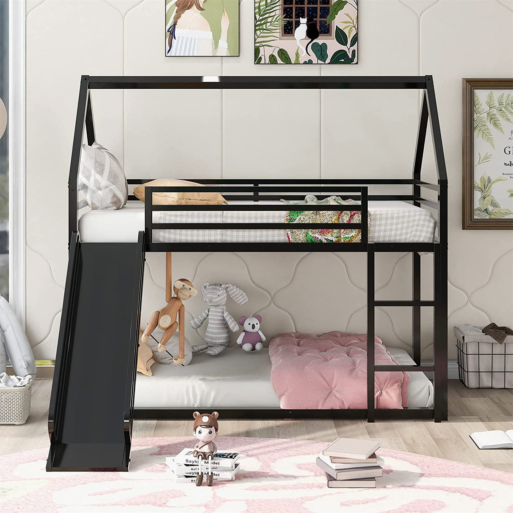 Black Metal Frame Kids Bunk Bed with Slide and Built-In Ladder G84210