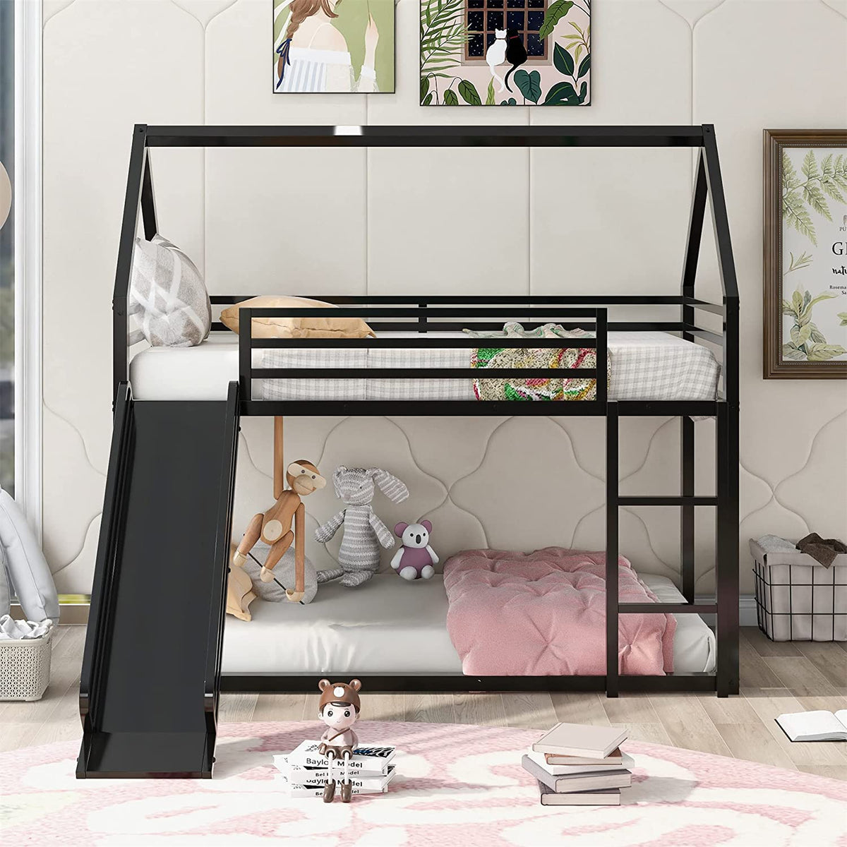Black Metal Frame Kids Bunk Bed with Slide and Built-In Ladder G84210