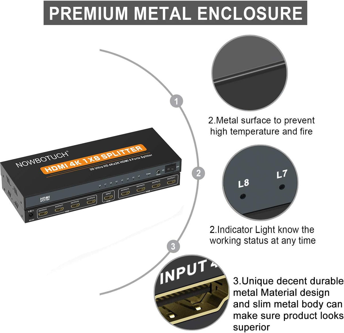 1x8 HDMI Splitter 8 Port 1 in 8 Out Powered Ver 1.4 Full HD 1080P 3D Support J93821