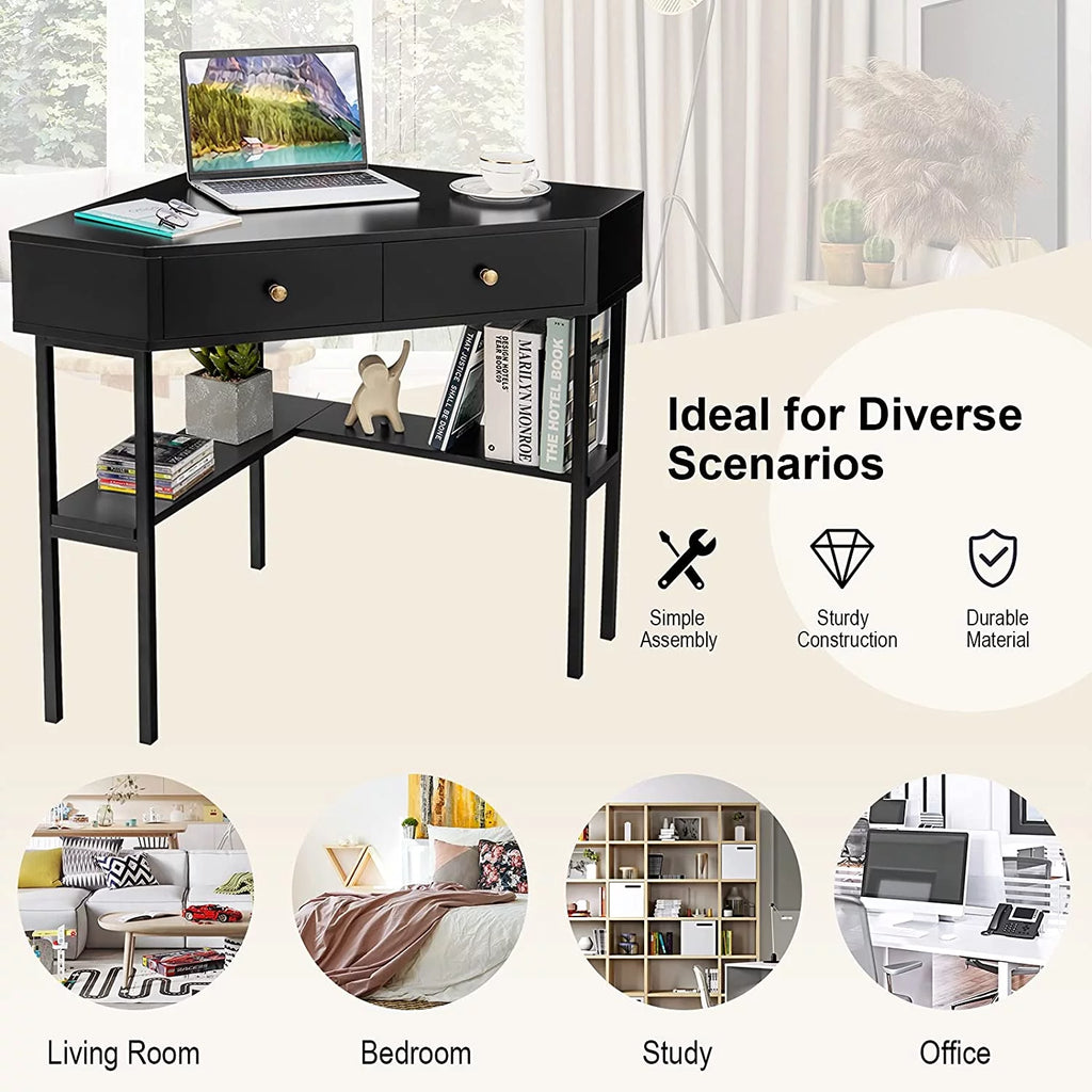 Corner Desk with 2 Drawers, Storage Shelves & Steel Frame D320531