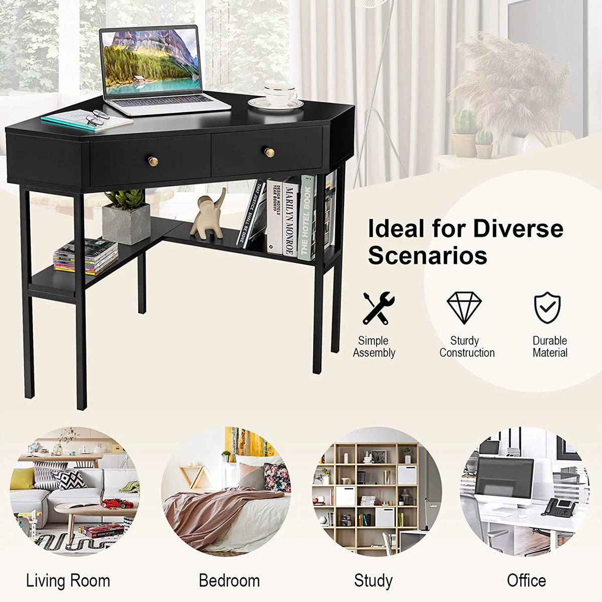 Corner Desk with 2 Drawers, Storage Shelves & Steel Frame D320531