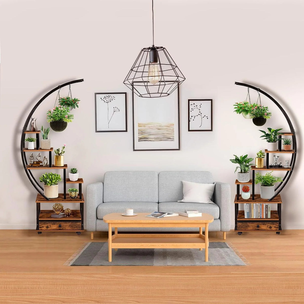 7-Tier Half Moon Plant Stand with Lockable Wheels, 71" Tall Plant Shelf with Drawer, 2 pieces M5252