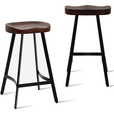 Industrial Rustic Bar Stool Saddle Seat Counter Height Metal and Wood Top Dining Stools, Backless Z447