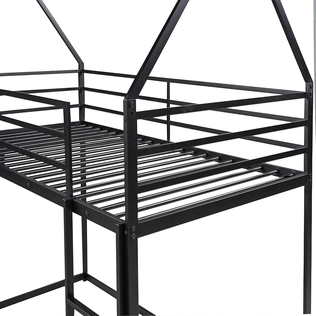 Black Metal Frame Kids Bunk Bed with Slide and Built-In Ladder G84210