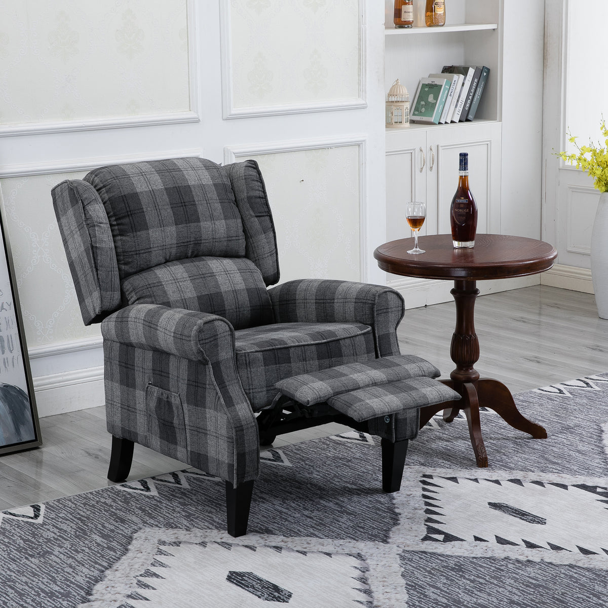 Gray Check Upholstered Recliner Chair with Adjustable Footrest and Side Pocket M910