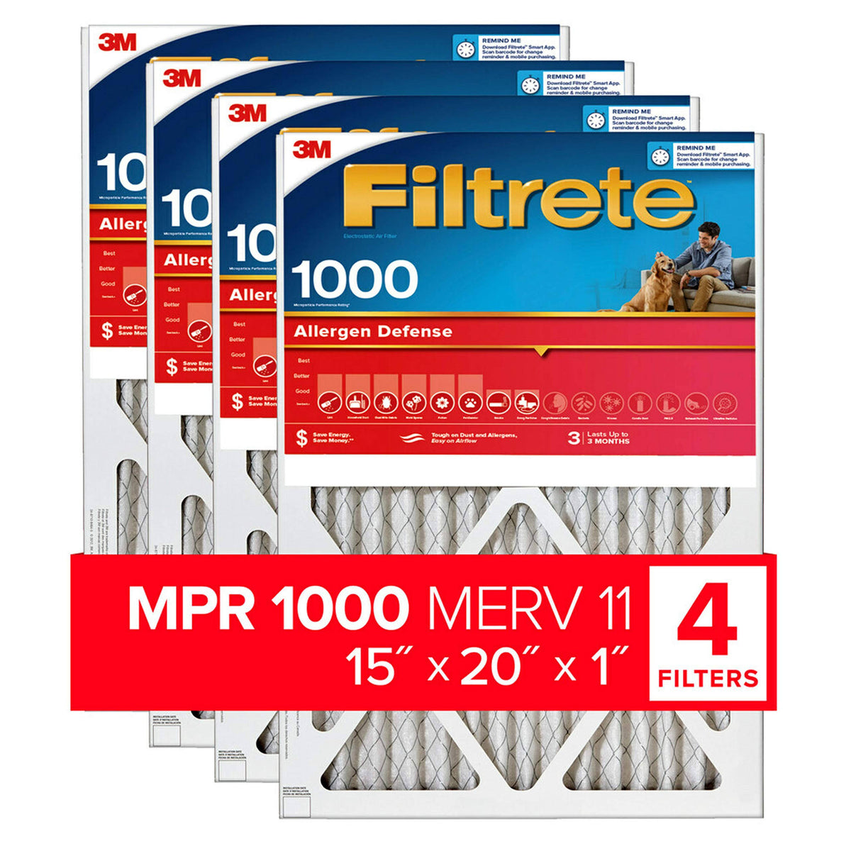 15x20x1 AC Furnace Air Filter 4-Pack K90151