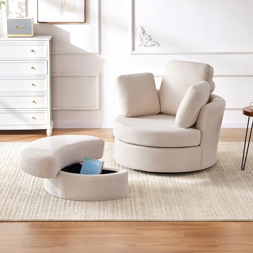Beige Swivel Accent Barrel Chair with Ottoman X91432