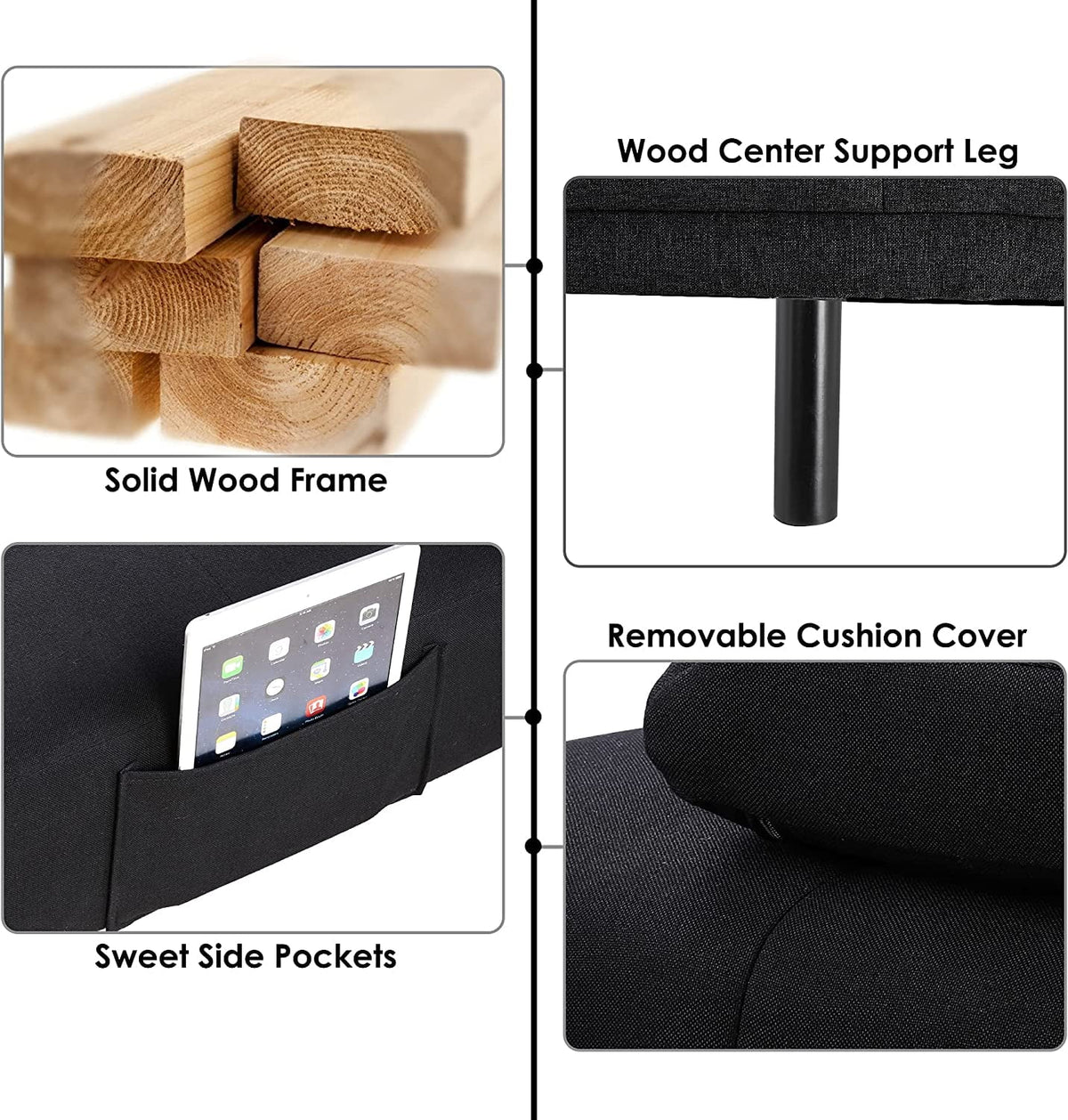 Black Convertible Upholstered Sofa Bed with Cupholders I25048