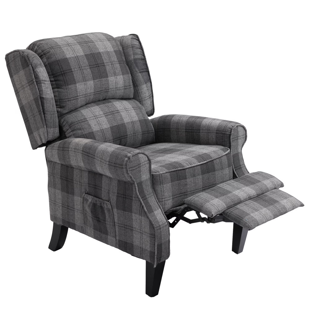 Gray Check Upholstered Recliner Chair with Adjustable Footrest and Side Pocket M910