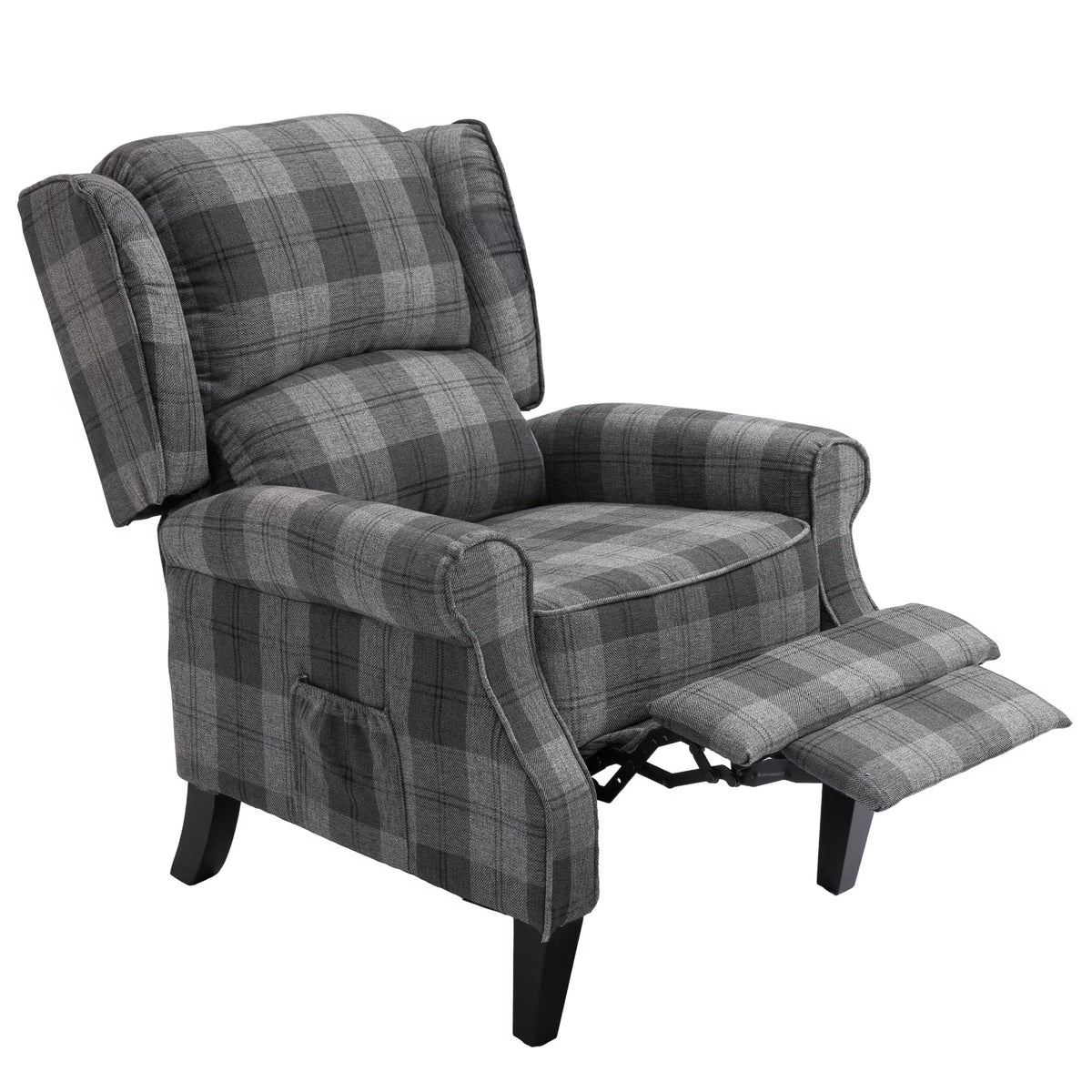 Gray Check Upholstered Recliner Chair with Adjustable Footrest and Side Pocket M910