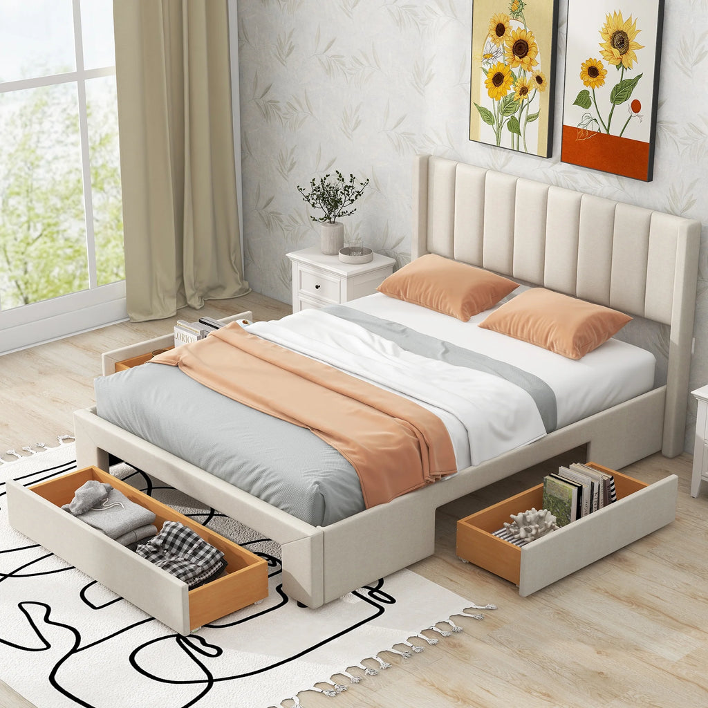 Beige Queen Size Upholstered Platform Bed with 3 Storage Drawers Z7393