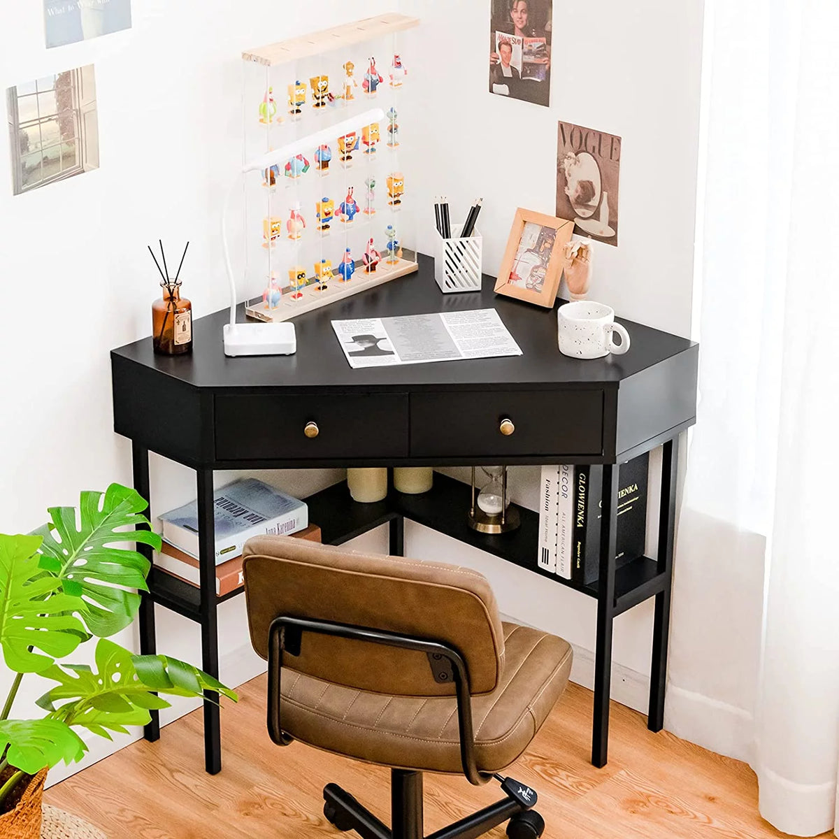 Corner Desk with 2 Drawers, Storage Shelves & Steel Frame D320531