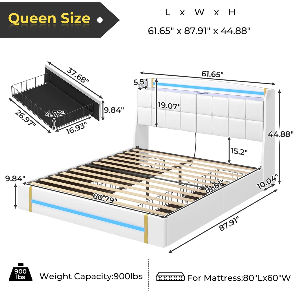 Queen Bed Frame with LED Lights and Charging Station, Upholstered Platform Bed Frame with Hidden Storage and 4 Drawers, Black C667