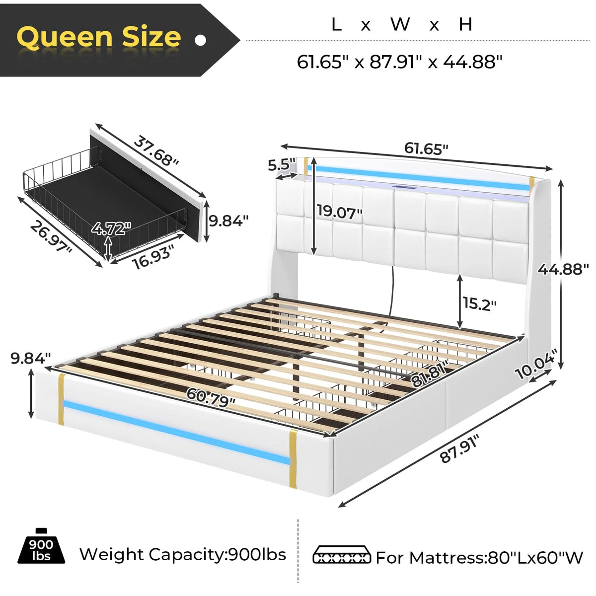 Queen Bed Frame with LED Lights and Charging Station, Upholstered Platform Bed Frame with Hidden Storage and 4 Drawers, Black C667