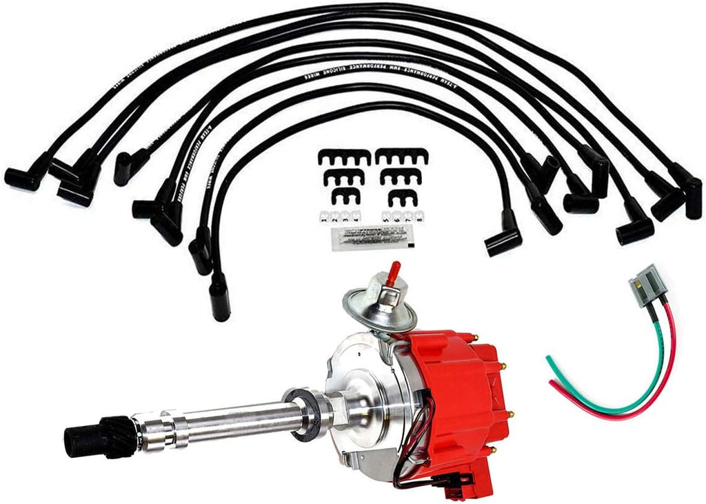 HEI Distributor Black Cap with Spark Plug Wires Set Pigtail Harness Complete Kit W48178