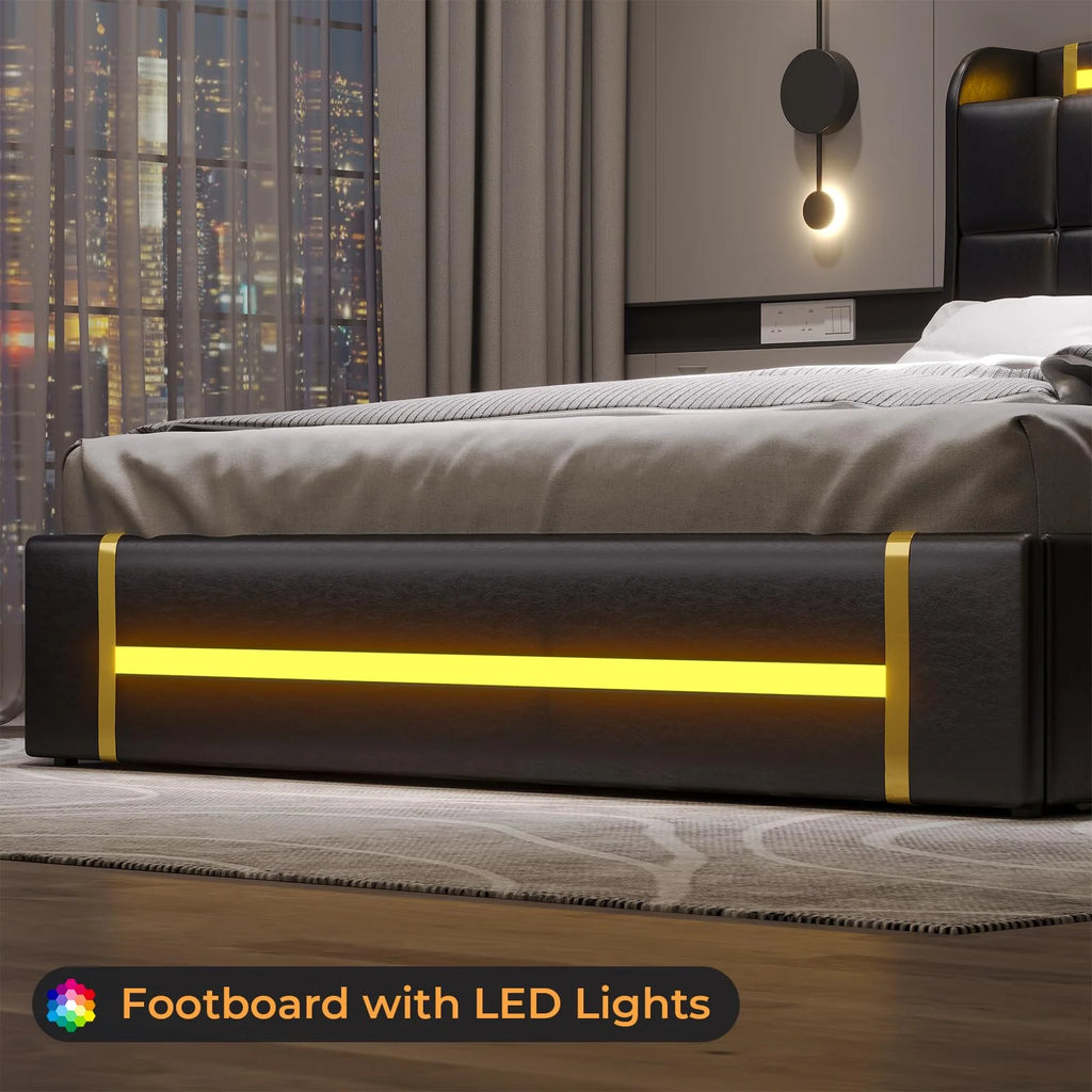 Queen Bed Frame with LED Lights and Charging Station, Upholstered Platform Bed Frame with Hidden Storage and 4 Drawers, Black C667