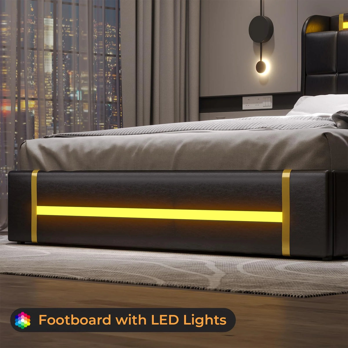 Queen Bed Frame with LED Lights and Charging Station, Upholstered Platform Bed Frame with Hidden Storage and 4 Drawers, Black C667