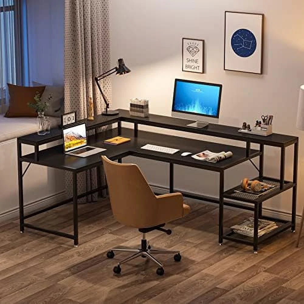 69 Inch L Shaped Desk with Monitor Stand Black U560149