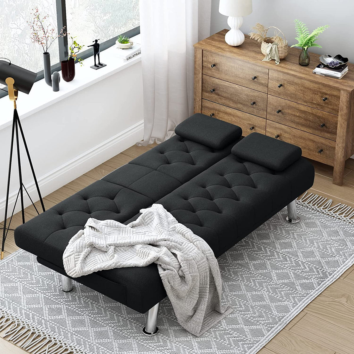 Black Convertible Upholstered Sofa Bed with Cupholders I25048