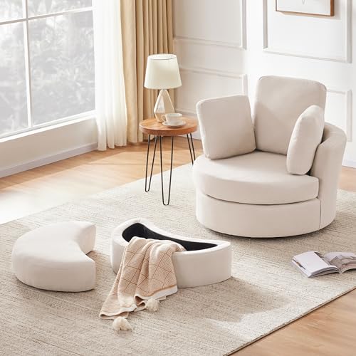 Beige Swivel Accent Barrel Chair with Ottoman X91432