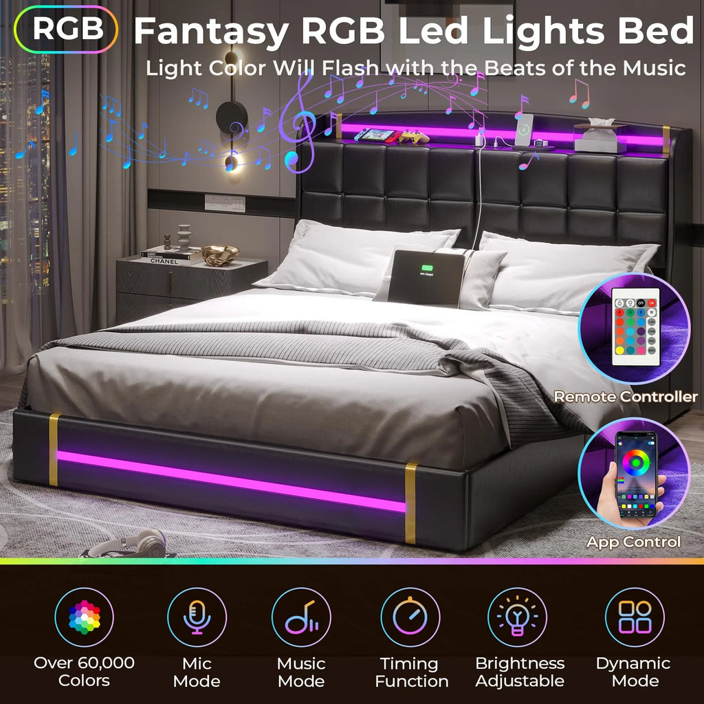 Queen Bed Frame with LED Lights and Charging Station, Upholstered Platform Bed Frame with Hidden Storage and 4 Drawers, Black C667