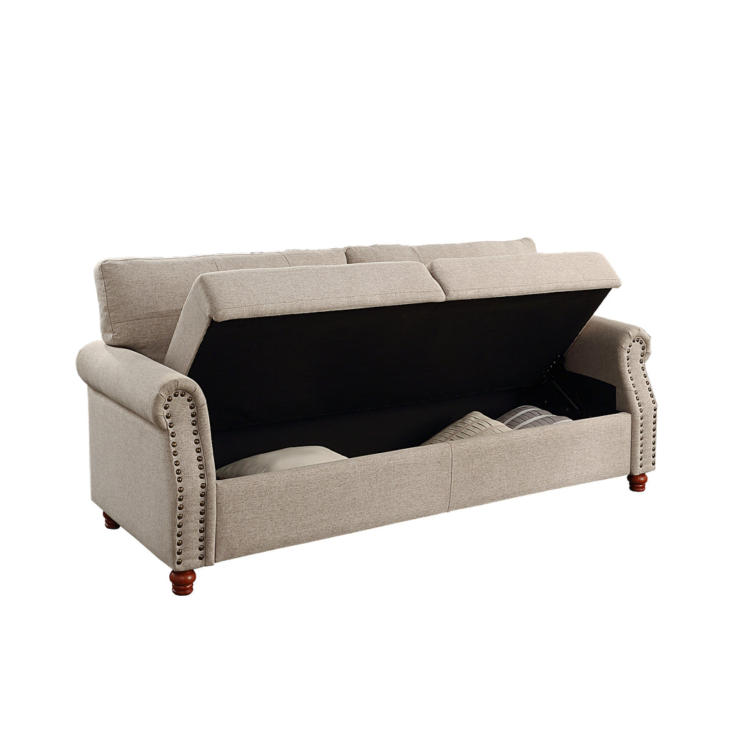 Beige Linen Fabric Upholstery Storage Sofa with Tufted Cushions V26763